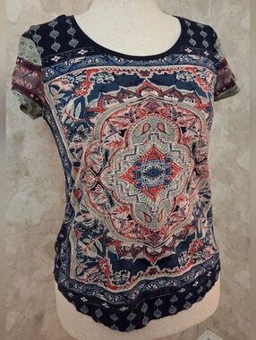 Lucky Brand Boho Patchwork Graphic Tee Blue Red Tribal Medallion Top Small